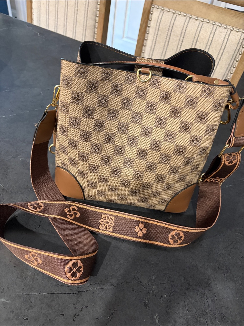 Amazon Brown Check Canvas Crossbody Bag with Patterned Strap